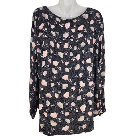 Ann Taylor Loft Blouse Large Floral Dot Black Pink Rayon Pullover Long Sleeve - Picture 2 of 10